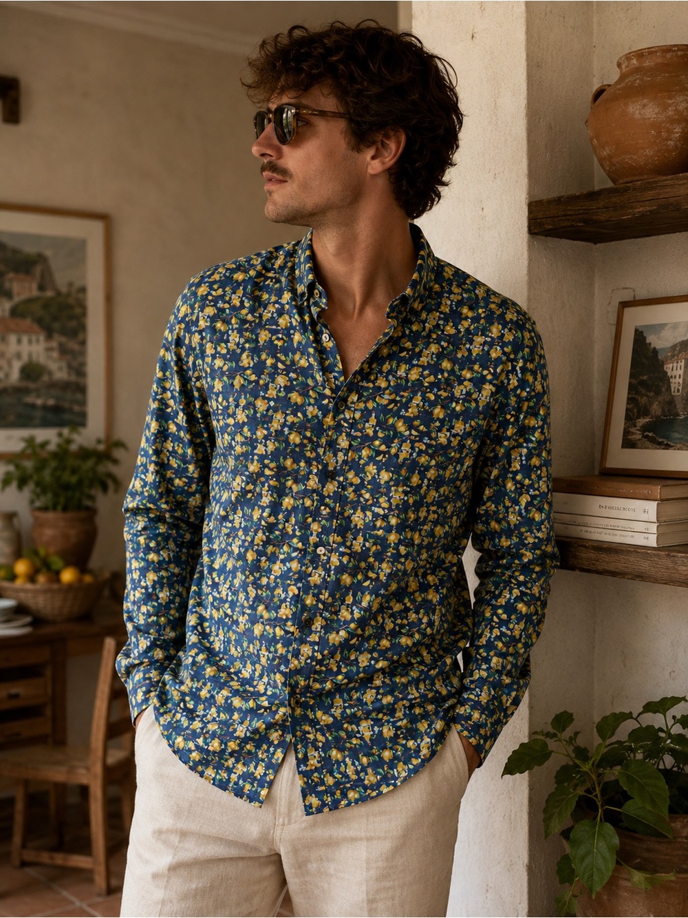 A Fish Named Fred Lemon Print Button-Up Shirt Men Large Blue Vacation Coastal